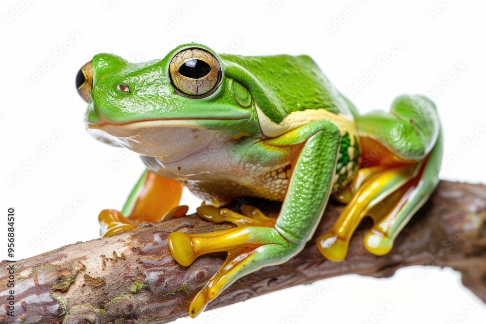 Obraz premium White-lipped tree frog (Litoria infrafrenata) on white background, white-lipped tree frog (Litoria infrafrenata) closeup on branch