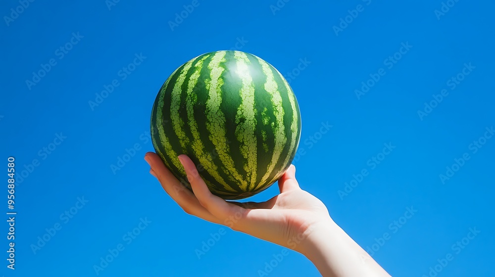 Freshness in Hand - Close-up of Holding Perfectly Round Watermelon Under Bright Blue Sky Freshness in Hand - Close-up of Holding Perfectly Round Watermelon Under Bright Blue Sky