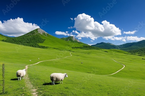 Pastoral scenery, grazing sheep, open meadows offer a peaceful and idyllic countryside view photo