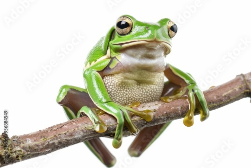 White-lipped tree frog (Litoria infrafrenata) on white background, white-lipped tree frog (Litoria infrafrenata) closeup on branch photo