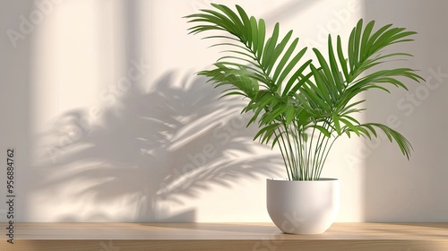 A serene room interior featuring a potted plant on a wooden countertop. Natural sunlight streams through, casting soft shadows against the white wall, creating a calming atmosphere