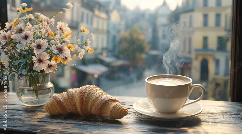 Cappuccino and Croissant on a Table Overlooking an Old Town Street, Romantic Realism, AI generated illustration Cappuccino and Croissant on a Table Overlooking an Old Town Street, Romantic Realism, AI generated illustration