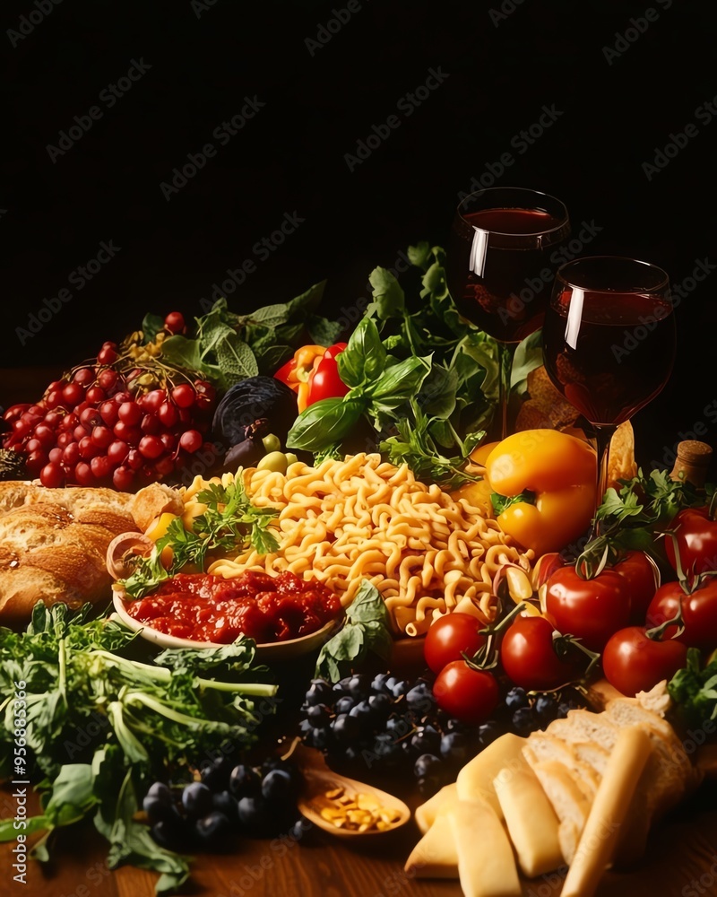 A vibrant assortment of fresh produce, bread, cheese, pasta, and wine creating a delicious and colorful food setup on a wooden table. A vibrant assortment of fresh produce, bread, cheese, pasta, and wine creating a delicious and colorful food setup on a wooden table.