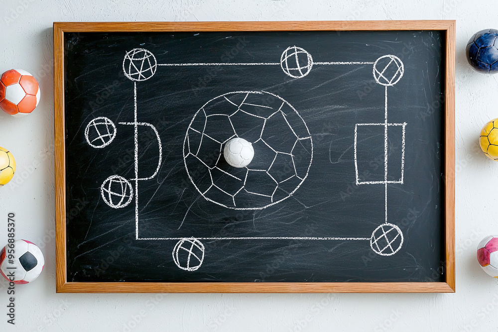Fototapeta premium a detailed soccer play diagram drawn with white chalk on a blackboard, illustrating offensive and defensive strategies with circles, lines, and labels