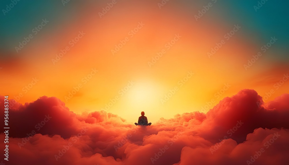 A serene figure meditating amidst vibrant clouds at sunrise, embodying peace and tranquility in a beautiful celestial scene. A serene figure meditating amidst vibrant clouds at sunrise, embodying peace and tranquility in a beautiful celestial scene.