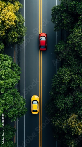 Aerial view of a red and yellow car on a straight road with lush green trees on both sides during the day.