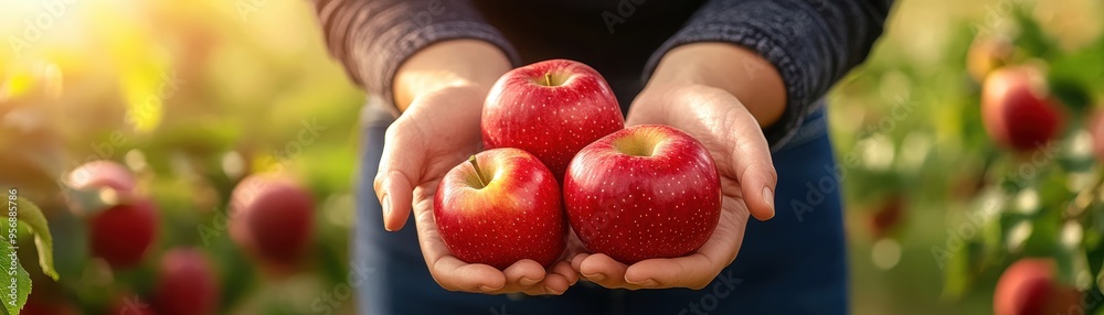 A close-up of hands holding three fresh red apples in an orchard, bathed in warm sunlight, symbolizing harvest and nature. A close-up of hands holding three fresh red apples in an orchard, bathed in warm sunlight, symbolizing harvest and nature.