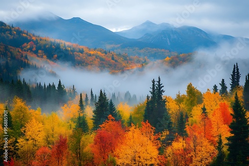 A majestic mountain range with vibrant fall trees is shrouded in light morning fog. Peaks peek through the mist as sunlight starts to burn it away. photo