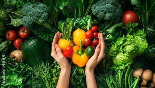 Hands holding fresh colorful vegetables including bell peppers, tomatoes, and cucumbers, surrounded by assorted leafy greens and vegetables.