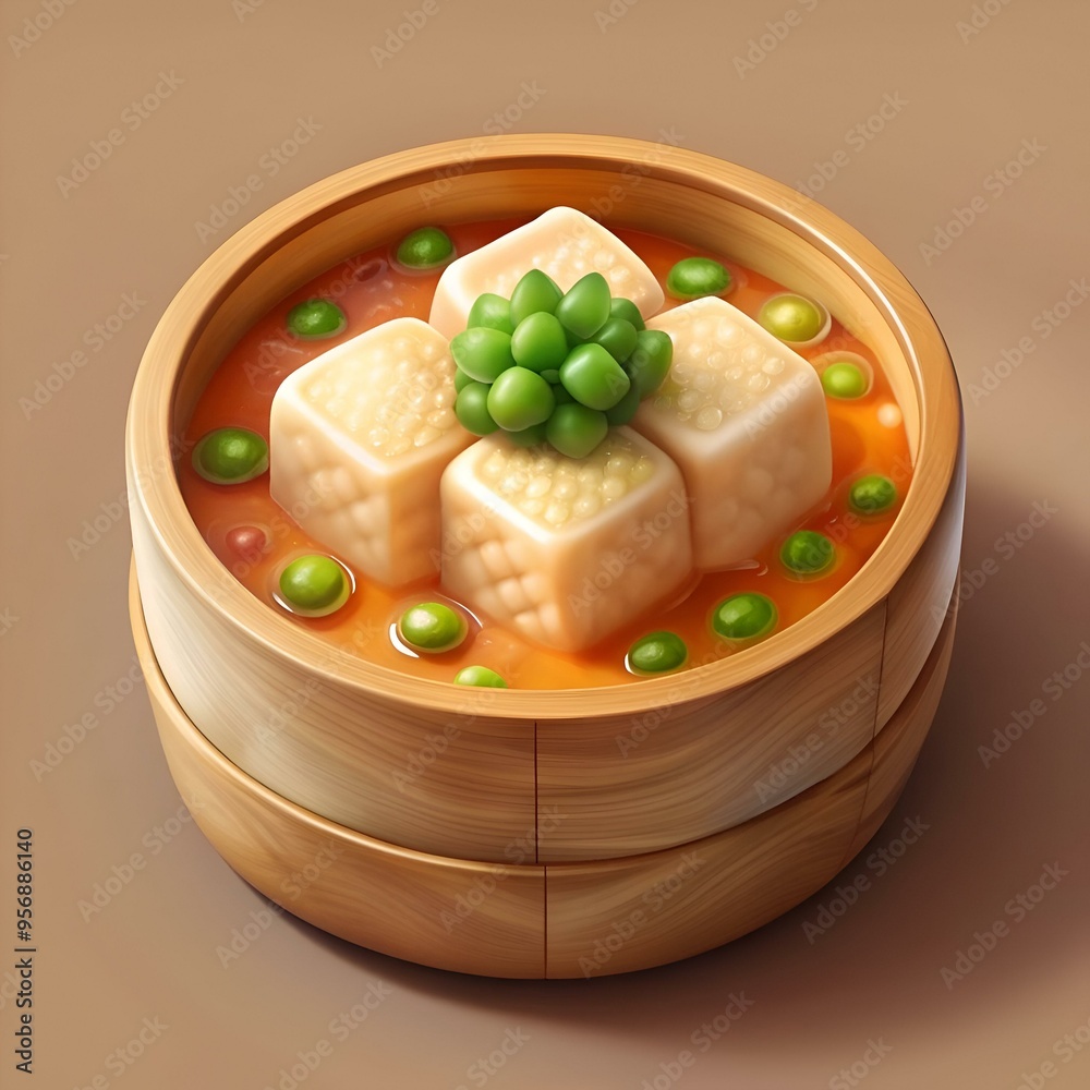 Delicious 3D illustration of fermented tofu in a wooden bowl with a sauce and peas. perfect for food blogs. recipe websites. and Asian cuisine themed designs. Delicious 3D illustration of fermented tofu in a wooden bowl with a sauce and peas. perfect for food blogs. recipe websites. and Asian cuisine themed designs.