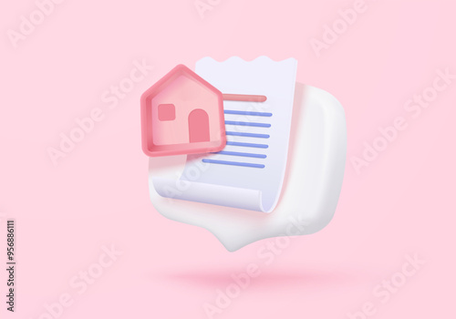 3D bill icon for payment transaction with notice. paper receipt real estate for personal loan. mortgage housing to money, rental property of financial. 3d residence icon vector render illustration