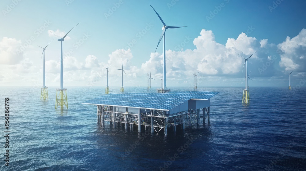 Naklejka premium Innovative offshore wind farm featuring turbines and solar panels in a serene ocean setting under a clear blue sky.