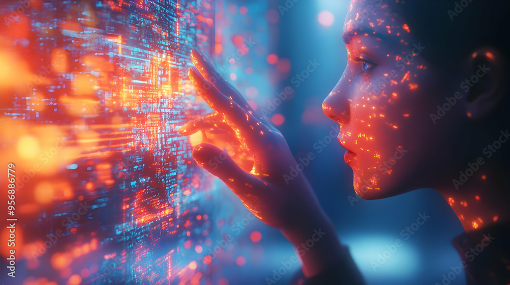 Vibrant abstract digital art of a person in a flexible workspace using cloud based tools concept as Camera movement Pan across the abstract elements that symbolize cloud connectivity. Scene Glossy dyn Vibrant abstract digital art of a person in a flexible workspace using cloud based tools concept as Camera movement Pan across the abstract elements that symbolize cloud connectivity. Scene Glossy dyn