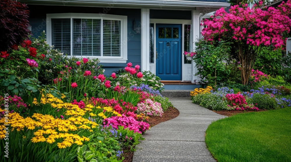 Facade of a house with a colorful front yard garden, highlighted by blooming flowers and a smooth concrete walkway. Perfect for real estate and curb appeal. Facade of a house with a colorful front yard garden, highlighted by blooming flowers and a smooth concrete walkway. Perfect for real estate and curb appeal.