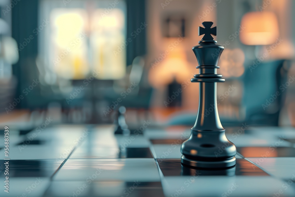 A close-up of a black chess king on a checkered board, symbolizing strategy and competition in a cozy interior setting. A close-up of a black chess king on a checkered board, symbolizing strategy and competition in a cozy interior setting.