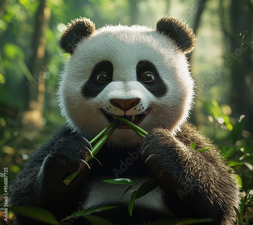 A cute panda eating bamboo, full body front shot, subject occupies three sevenths of the frame, centered, wooded background, studio lighting, soft lighting, low angle view, photorealistic, cinemat photo