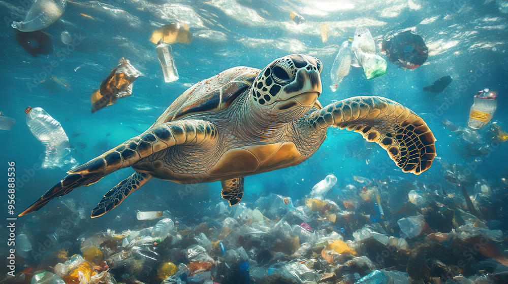 Fototapeta premium Sea turtle amidst plastic waste,raw style,environmental awareness artwork 