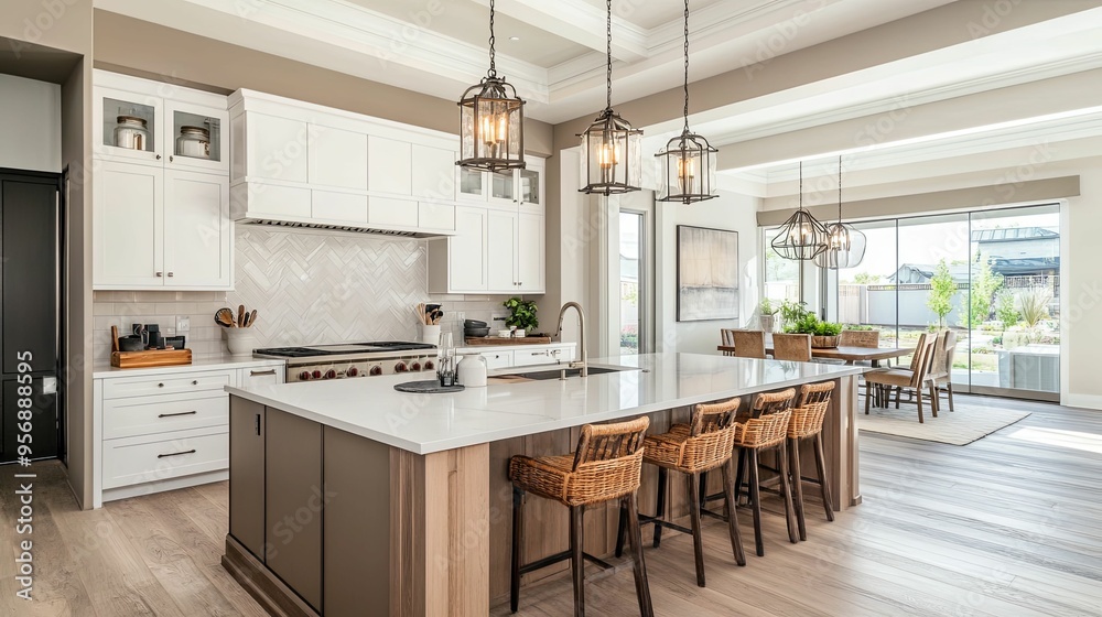 Modern Kitchen Island with Wicker Bar Stools and Farmhouse Lighting Modern Kitchen Island with Wicker Bar Stools and Farmhouse Lighting