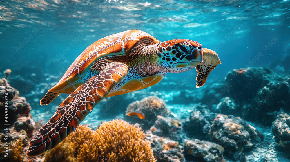 Fototapeta premium Green sea turtle gracefully glides through crystal-clear waters, its shell shimmering against the vibrant coral reef