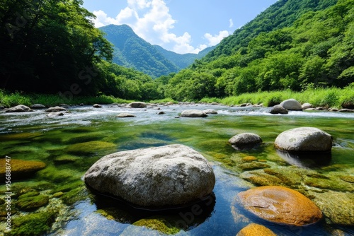 River scenery, flowing water, lush banks creates a refreshing and serene natural landscape photo