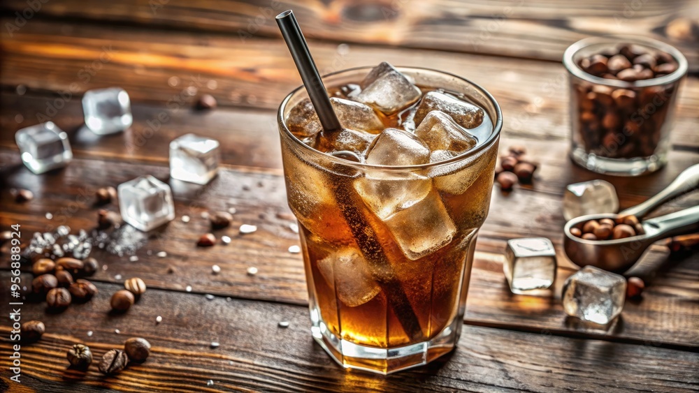 Close-up of a metal straw inserted into a refreshing glass of iced beverage, surrounded by ice cubes and condensation droplets on a wooden tabletop. Close-up of a metal straw inserted into a refreshing glass of iced beverage, surrounded by ice cubes and condensation droplets on a wooden tabletop.