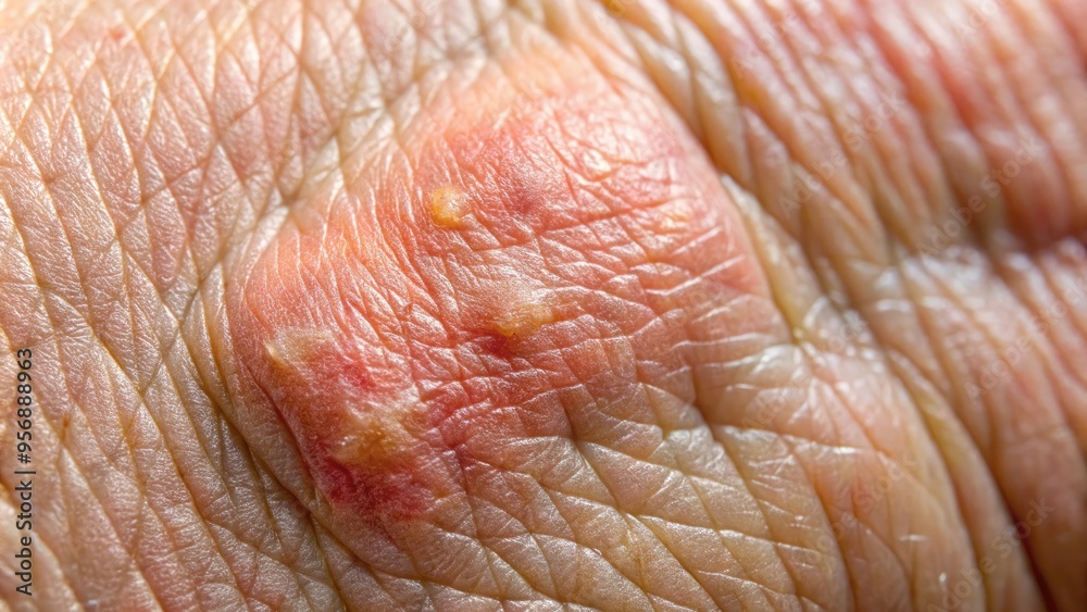 Fototapeta premium Close-up of a rough, thickened patch of skin on a human hand, showcasing a callus formed from repeated friction and pressure.