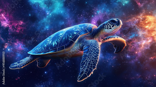 Fototapeta Naklejka Na Ścianę i Meble -  Green turtle swimming underwater, diving into the blue ocean, surrounded by colorful coral reef and marine life