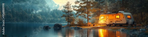 Cozy lakeside camping with picturesque caravan, glowing lights reflecting on serene lake surrounded by misty mountains and pine trees