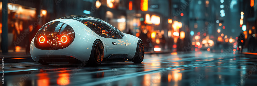 Ultra-Modern Car on Rainy City Street, Sleek Design, Cool Tones, Nighttime Setting, and Futuristic Urban Mood Ultra-Modern Car on Rainy City Street, Sleek Design, Cool Tones, Nighttime Setting, and Futuristic Urban Mood