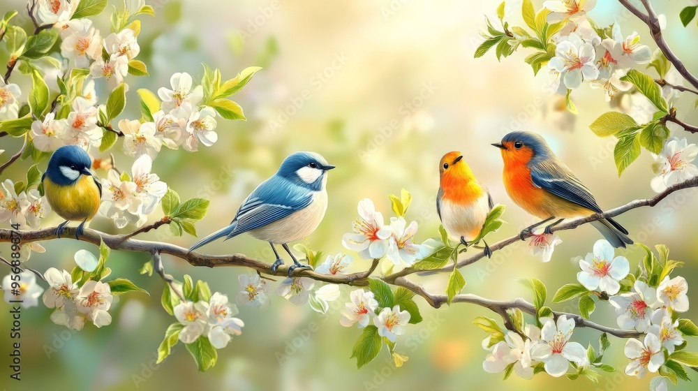 Birds Perched on Branch with White Flowers. Birds Perched on Branch with White Flowers.