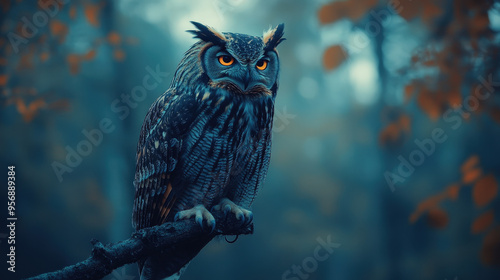 An Owl with piercing yellow eyes, a sharp beak, and brown feathers, hunting prey under the cover of night