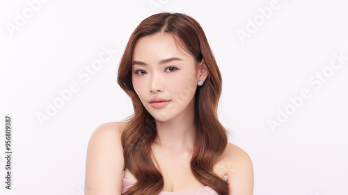 Beautiful young asian woman with clean fresh skin on white background, Face care, Facial treatment, Cosmetology, beauty and spa, Asian women portrait.