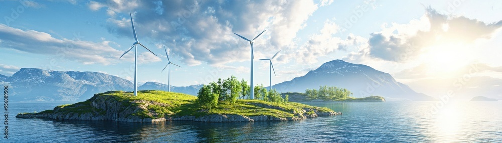 Serene landscape featuring wind turbines on an island, surrounded by water and mountains under a bright sky. A symbol of sustainability. Serene landscape featuring wind turbines on an island, surrounded by water and mountains under a bright sky. A symbol of sustainability.