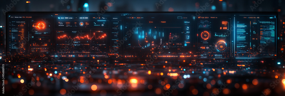 Obraz premium Futuristic Digital Interface with Neon Blue and Orange Holographic Graphics in Dark Room, High-Tech Illuminated Electronics with Modern Design and Technological Mood