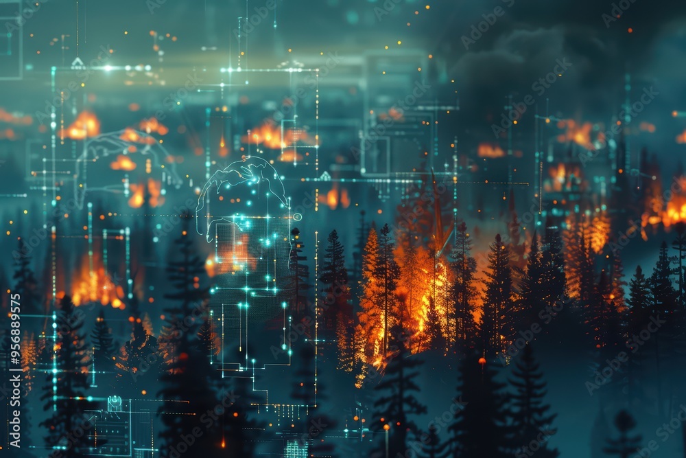Fototapeta premium A dramatic forest fire scene illuminated by glowing flames, surrounded by a dark, smoky ambiance and digital overlays.