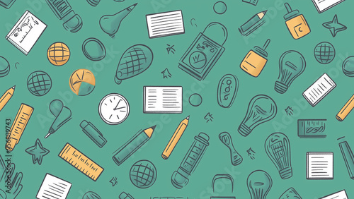 A seamless line-drawn illustration showcasing school supplies against a vibrant green backdrop. For educational materials and learning concepts.