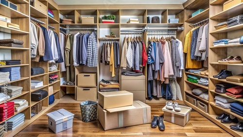 Cluttered closet interior with overflowing shelves, scattered boxes, and jumbled clothes, epitomizing chaotic storage and disorganized living spaces.