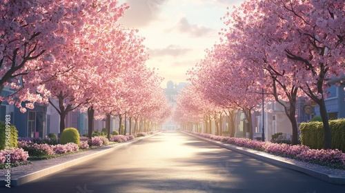 Springtime Street with Cherry Blossoms.