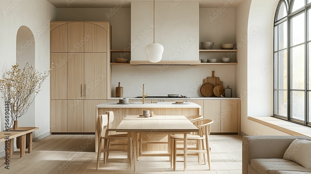 Minimalist Modern Kitchen and Dining Room with Wooden Accents Minimalist Modern Kitchen and Dining Room with Wooden Accents