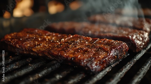 Smoky tendrils rise from a pit as thick slabs of brisket slowly cook to tender perfection, seasoned with a signature rub.