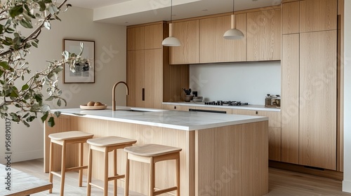 Modern Kitchen with Wooden Cabinets, Marble Countertop, and Bar Stools