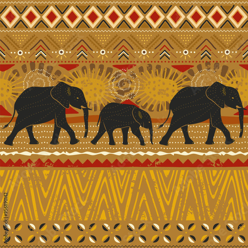 Tribal  seamless pattern with abstract geometric ornament and walking elephants. African mud cloth, bogolan.