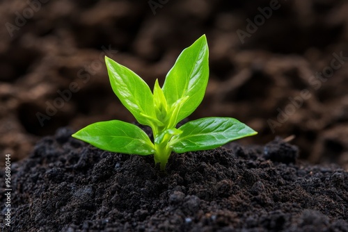 Sprout breaking, soil surface, first green leaves signify the promise of new life