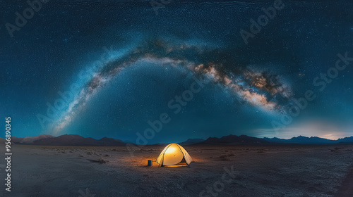 A lone tent set up under the stars in a vast desert, symbolizing adventure and serenity