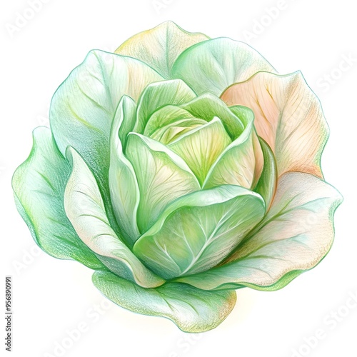 A delicate. hand drawn illustration of a butterhead lettuce. showcasing its intricate texture and vibrant green color. photo