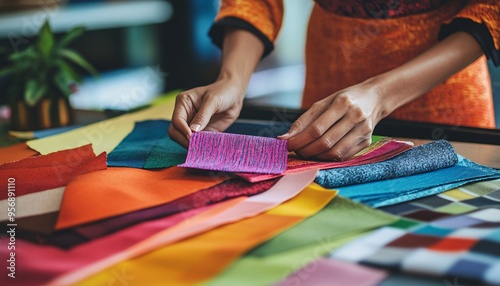 Fashion designer carefully arranging colorful fabric swatches to inspire creativity and innovation in their latest collection, embodying the essence of fashion design work. photo