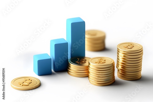 3D icon of a blue bar chart and coins, against a blue background, in a minimalistic style. 2D illustration, flat design, simple shapes, low details, smooth gradient, no shadows, vector art, blue color