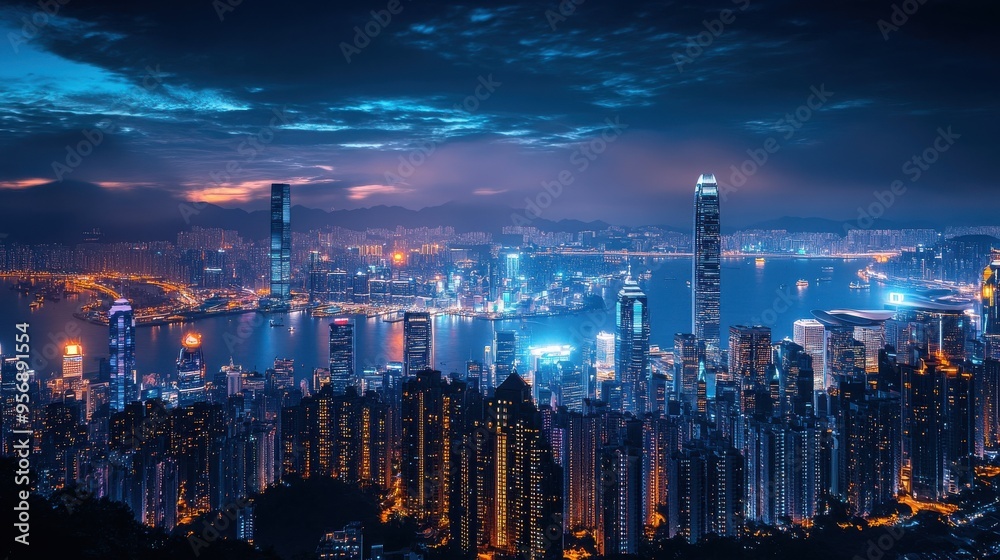 Obraz premium Stunning cityscape at night showcasing illuminated buildings and a vibrant skyline under a dramatic blue sky.