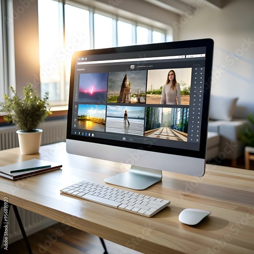 Modern desktop computer displaying a portfolio of high quality images. perfect for showcasing creative work. online design. or digital marketing.