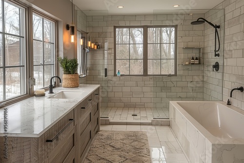Minimalist Bathroom A clean, simple bathroom with white tiles, a floating vanity, and a walk-in shower. Include modern fixtures and natural light